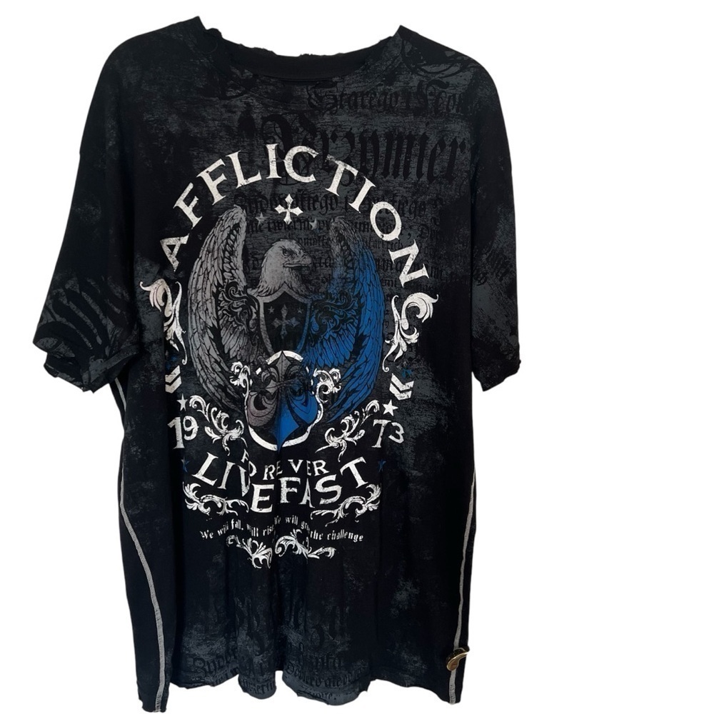 NWT Affliction Mens T-Shirt 2X Black Live Fast Double Side Distressed Y2K Grunge - Picture 2 of 15